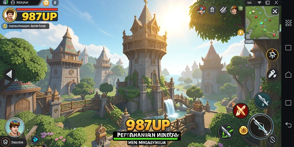 Tampilan menara strategis dalam gameplay Tower Defense 987UP.
