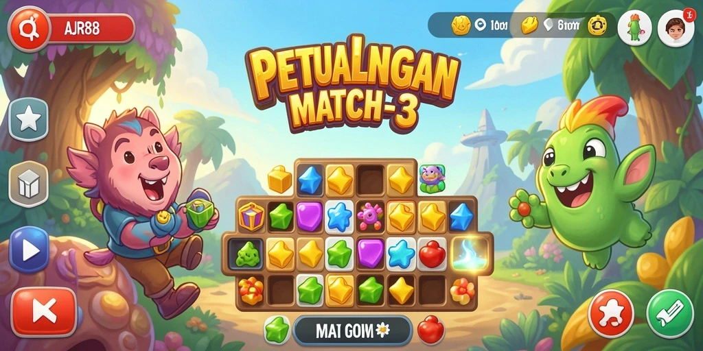 Tangkapan layar permainan AJR88 memperlihatkan aksi seru dalam mencocokkan permata.