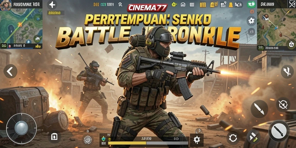 Screenshot utama CINEMA77 menampilkan aksi Battle Royale yang intens.