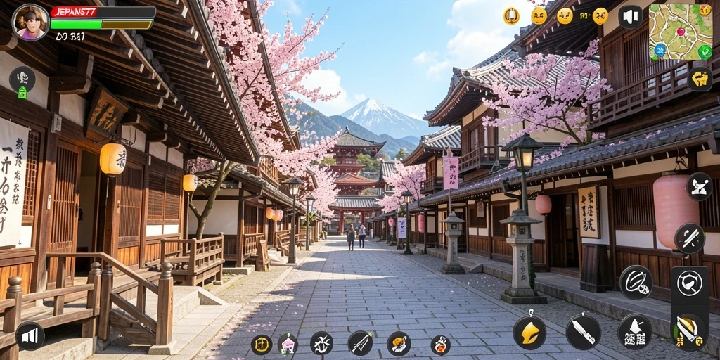 Screenshot gameplay <strong>JEPANG77</strong> menunjukkan karakter yang sedang berinteraksi dengan NPC di festival Jepang.
