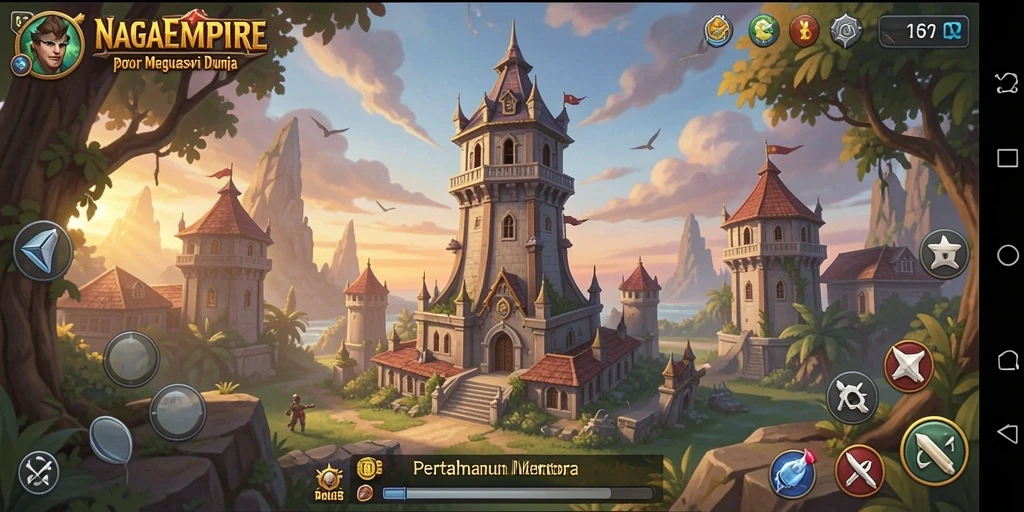 Tampilan gameplay menegangkan di NAGAEMPIRE dengan menara bertahan.