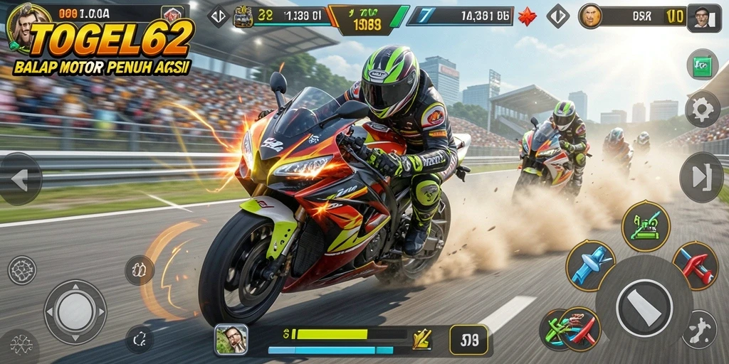 Tampilan gameplay seru dalam TOGEL62 dengan balapan motor yang intens.